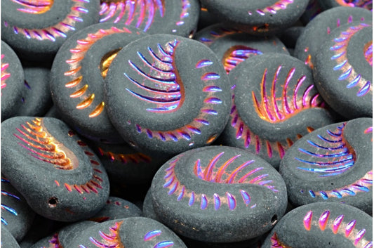 Fossil Coin Beads, Black Sliperit Full (2X Side) Matte (23980-29503-84100), Glass, Czech Republic