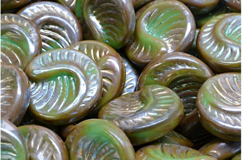 Fossil Coin Beads, Turquoise Picasso (63130-43400), Glass, Czech Republic