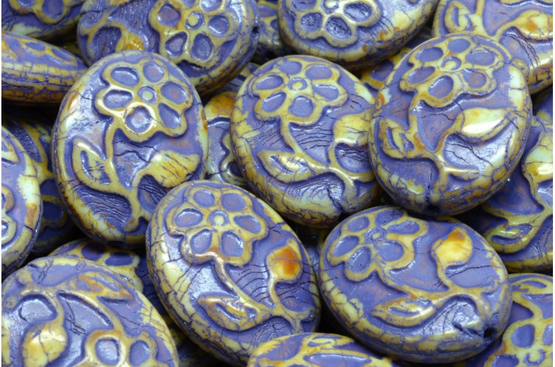 Oval With Flower Beads, White Travertin Blue Lined (02010-86800-54325), Glass, Czech Republic
