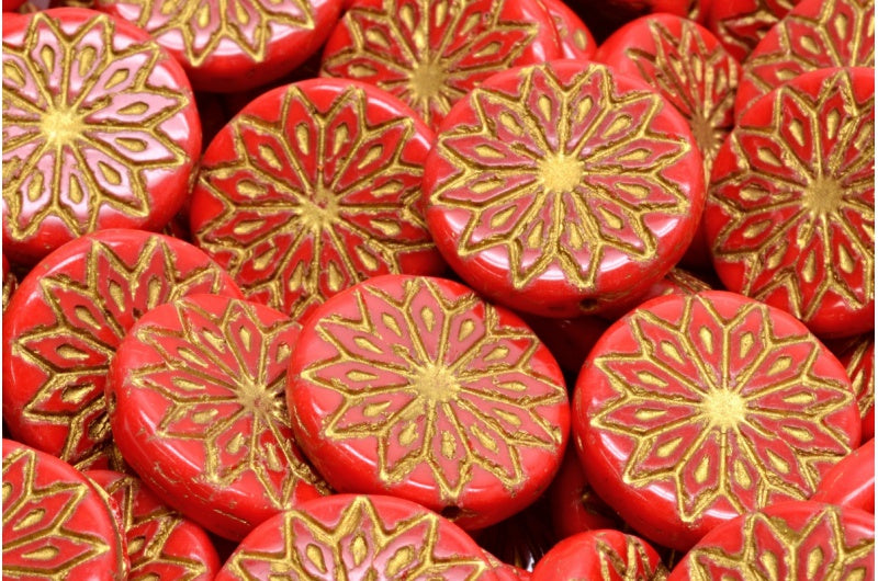 Origami Flower Beads, Opaque Red Gold Lined (93200-54302), Glass, Czech Republic