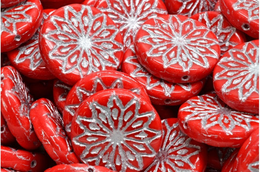 Origami Flower Beads, Opaque Red Silver Lined (93200-54301), Glass, Czech Republic