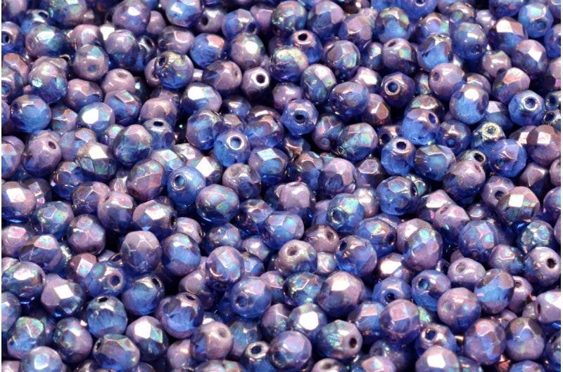 ファセット加工ラウンドビーズ、チョークホワイトコバルト星雲（03000-30050-15001）、ボヘミアクリスタルガラス、チェコ共和国