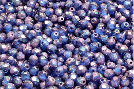 ファセット加工ラウンドビーズ、チョークホワイトコバルト星雲（03000-30050-15001）、ボヘミアクリスタルガラス、チェコ共和国