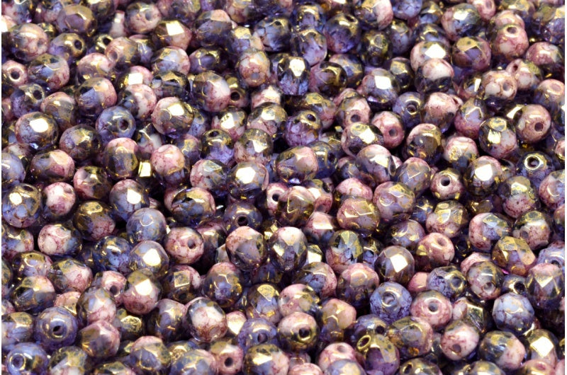 ファセット加工のラウンドビーズ、チョークホワイト、コバルト、テラコッタ、バイオレット（03000-30050-15496）、ボヘミアクリスタルガラス、チェコ共和国