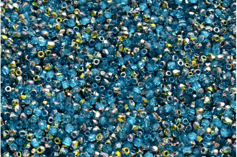 Fire Polished Faceted Beads Round, Transparent Aqua Crystal Vitrail Medium Coating (60020-28101), Bohemia Crystal Glass, Czech Republic