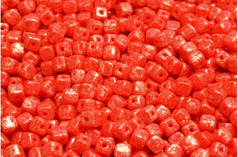 Cube Beads, Red Gold Splash (93400-94401), Glass, Czech Republic