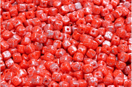 Cube Beads, Red Silver Splash (93400-94400), Glass, Czech Republic