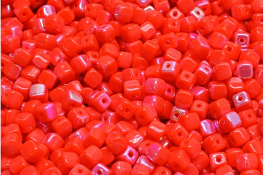 Cube Beads, Red Ab (93400-28701), Glass, Czech Republic
