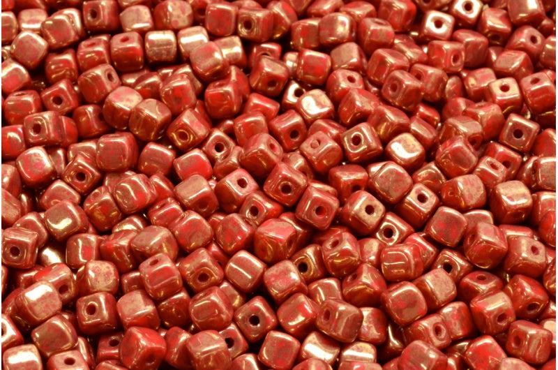 Cube Beads, Opaque Red Terracotta Violet (93200-15496), Glass, Czech Republic