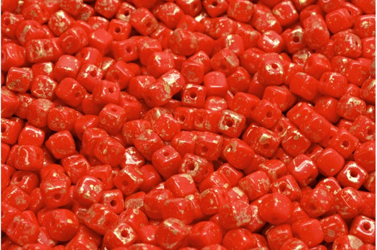 Cube Beads, Opaque Red Gold Splash (93200-94401), Glass, Czech Republic