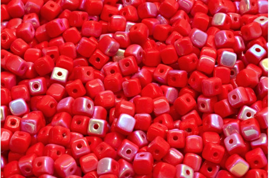 Cube Beads, Opaque Red Ab (93200-28701), Glass, Czech Republic