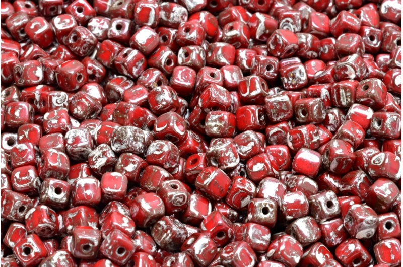 Cube Beads, Opaque Red Picasso (93200-43400), Glass, Czech Republic