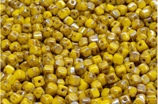 Cube Beads, Yellow Picasso (83120-43400), Glass, Czech Republic