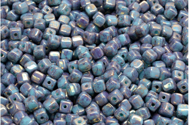 Cube Beads, Turquoise Terracotta Violet (63130-15496), Glass, Czech Republic