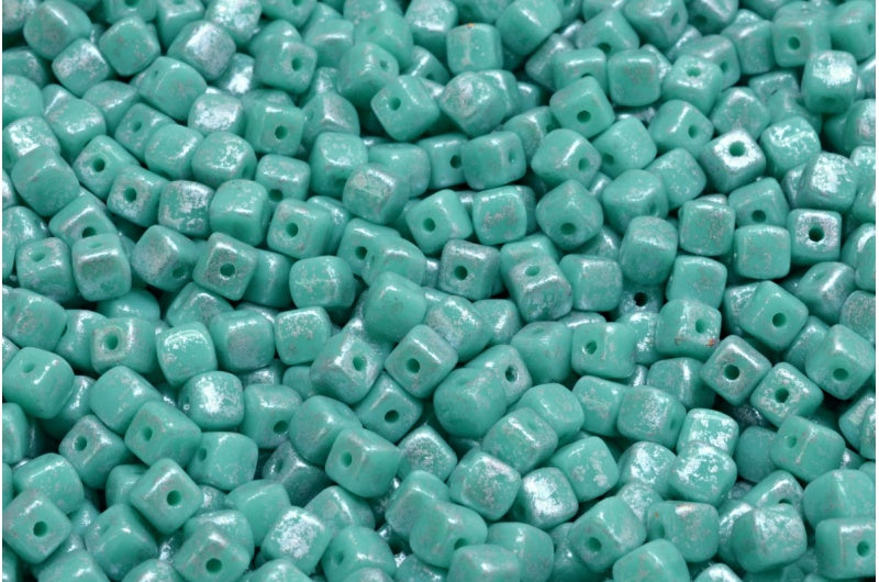 Cube Beads, Turquoise Silver Splash (63130-94400), Glass, Czech Republic