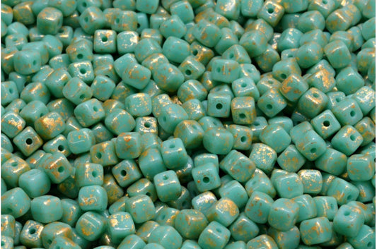 Cube Beads, Turquoise Gold Splash (63130-94401), Glass, Czech Republic