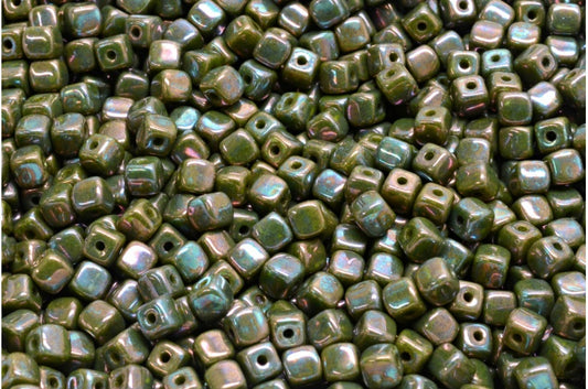 Cube Beads, Opaque Green Nebula (53410-15001), Glass, Czech Republic