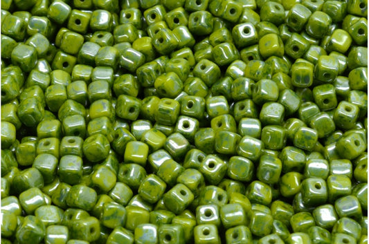 Cube Beads, Opaque Green Terracotta Blue (53410-15464), Glass, Czech Republic