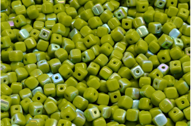 Cube Beads, Opaque Green Ab (53410-28701), Glass, Czech Republic