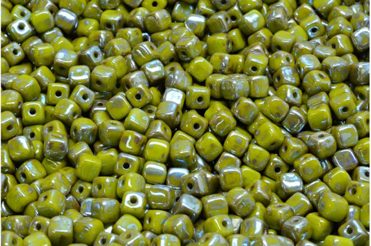 Cube Beads, Opaque Green Picasso (53410-43400), Glass, Czech Republic