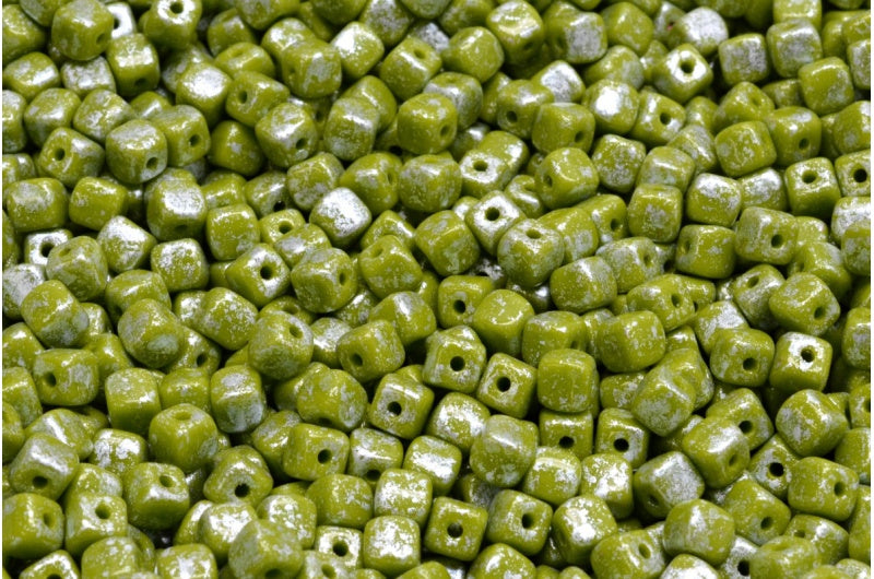 Cube Beads, Opaque Green Silver Splash (53410-94400), Glass, Czech Republic