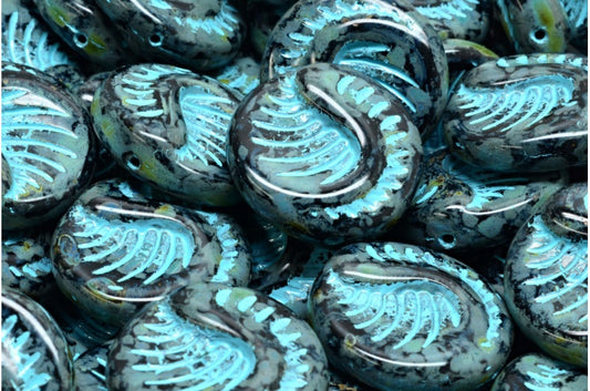 Fossil Coin Beads, Black Travertin Light Blue Lined (23980-86800-54308), Glass, Czech Republic