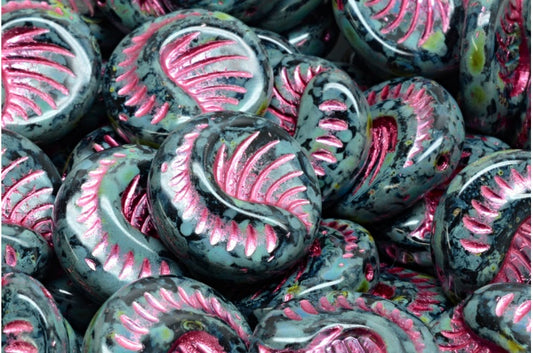 Fossil Coin Beads, Black Travertin Pink Lined (23980-86800-54321), Glass, Czech Republic