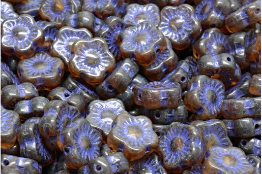 Sunset Flower Beads, R0021 Travertin Blue Lined (R0021-86800-54325), Glass, Czech Republic