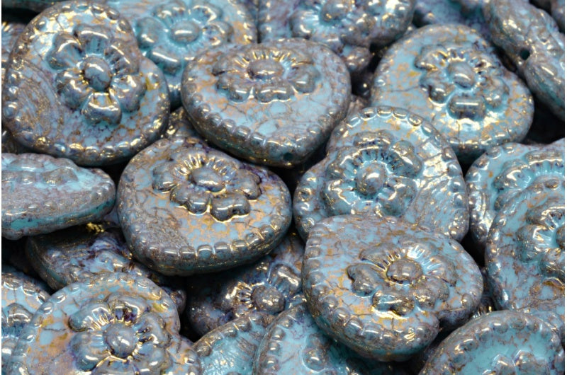 Heart Beads With Rose, Opal Aqua Terracotta Violet (61300-15496), Glass, Czech Republic