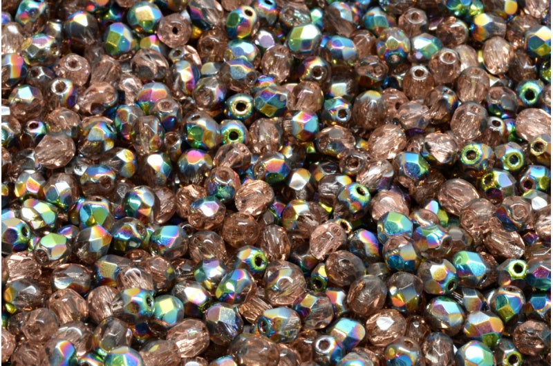 Fire Polished Faceted Beads Round, Transparent Pink Crystal Vitrail Medium Coating (70120-28101), Bohemia Crystal Glass, Czech Republic