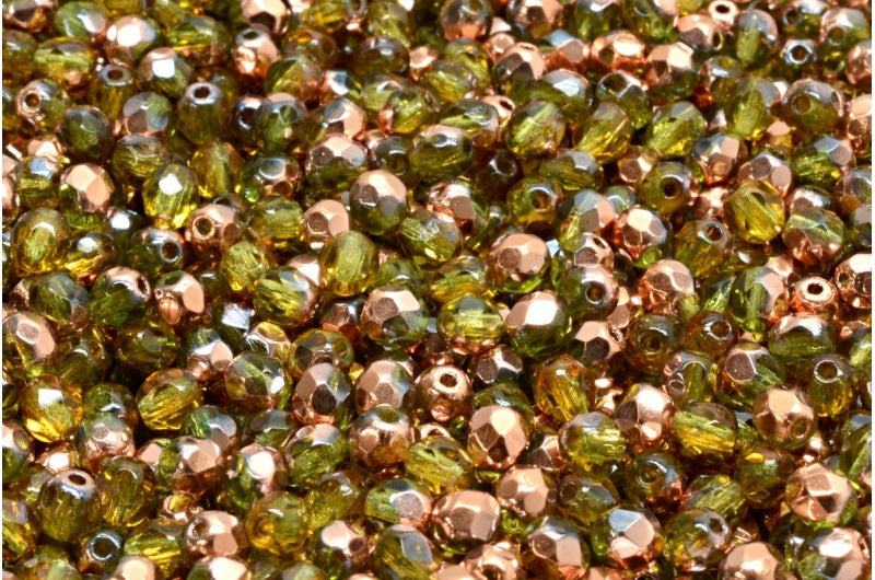 Fire Polished Faceted Beads Round, Transparent Green Rose Gold Capri (50230-27101), Bohemia Crystal Glass, Czech Republic