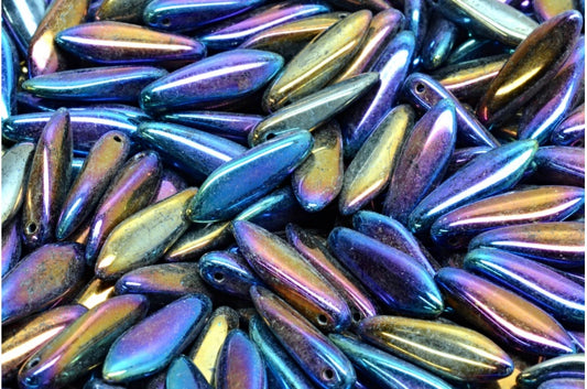 Dagger Beads, Black Blue Iris (23980-21435), Glass, Czech Republic