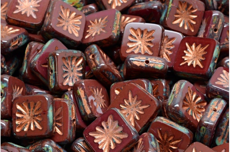 Table Cut Square Kiwi Beads, 93300 Travertin Red (93300 86800 54319), Glass, Czech Republic