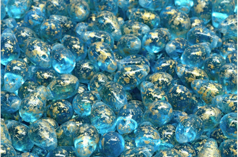 ドロップビーズ、透明アクアゴールドスプラッシュ（60020-94401）、ガラス、チェコ共和国