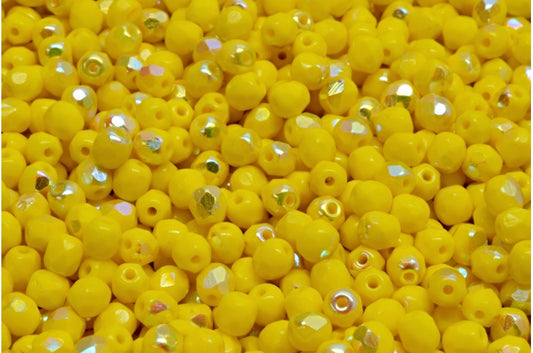 Faceted Fire Polished Round Beads, Yellow Ab (83120-28701), Glass, Czech Republic