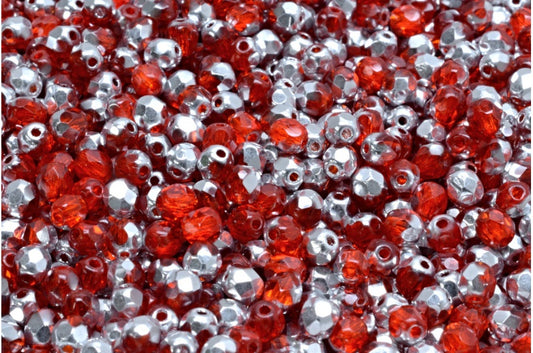 Fire Polished Faceted Beads Round, Transparent Orange Crystal Silver Half Coating (90040-27001), Bohemia Crystal Glass, Czech Republic