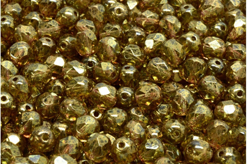 Fire Polished Faceted Beads Round, Transparent Green Terracotta Violet (50220-15496), Bohemia Crystal Glass, Czech Republic