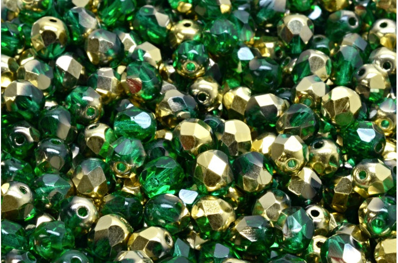 Fire Polished Faceted Beads Round, Transparent Green Emerald Gold (50720-26441), Bohemia Crystal Glass, Czech Republic