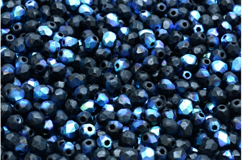 Fire Polished Faceted Beads Round, Black Etched Ab (23980-ETCH-28701), Bohemia Crystal Glass, Czech Republic