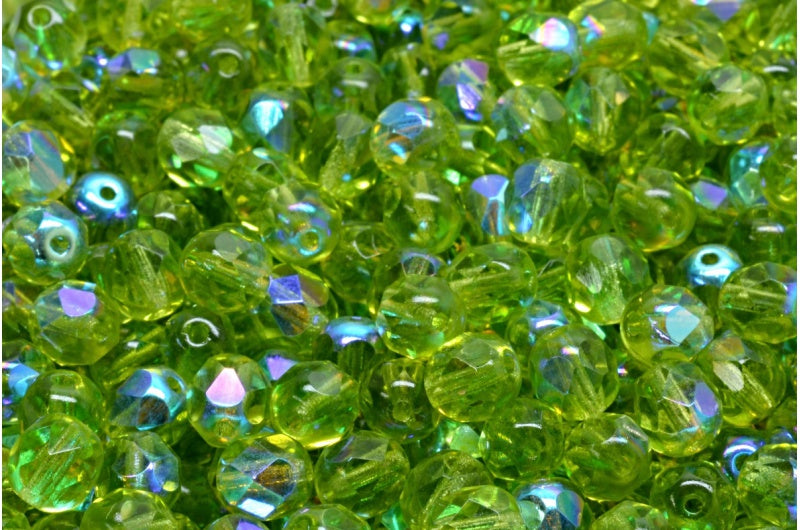 ファセット加工ビーズ ラウンド、透明グリーンAB（50220-28701）、ボヘミアクリスタルガラス、チェコ共和国