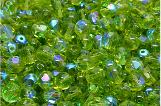 ファセット加工ビーズ ラウンド、透明グリーンAB（50220-28701）、ボヘミアクリスタルガラス、チェコ共和国