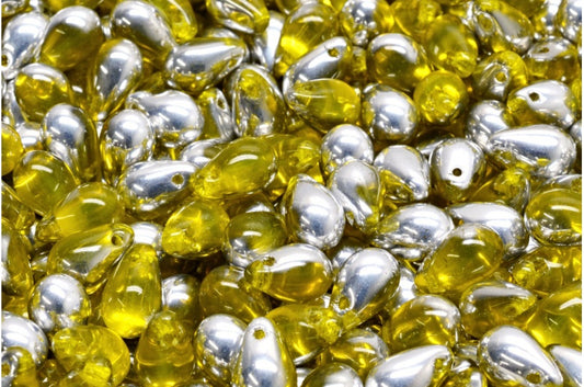 Tropfenperlen, transparente gelbe Kristallsilber-Halbbeschichtung (80020-27001), Glas, Tschechische Republik