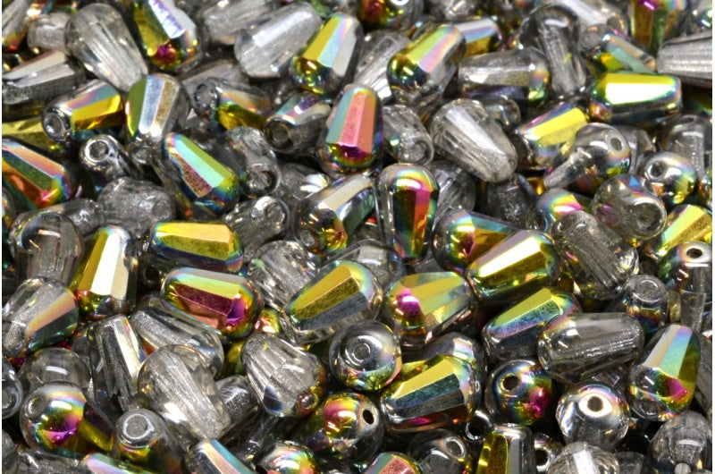 Fire Polish Faceted Teardrop Beads, Crystal Crystal Vitrail Medium Coating (00030-28101), Glass, Czech Republic