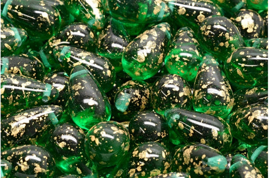 Drop Beads, Transparent Green Emerald Gold Splash (50720-94401), Glass, Czech Republic