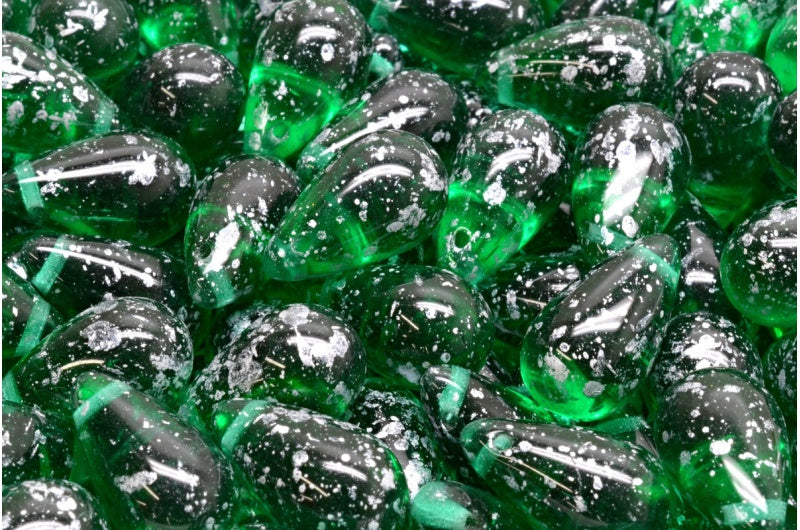 Drop Beads, Transparent Green Emerald Silver Splash (50720-94400), Glass, Czech Republic