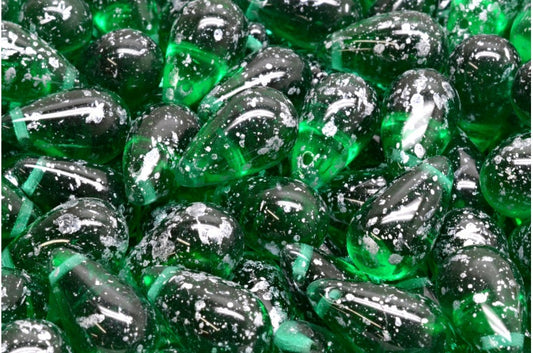 Tropfenperlen, transparenter grüner Smaragd-Silberspritzer (50720-94400), Glas, Tschechische Republik