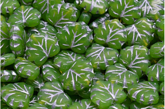 メープルリーフビーズ、オパールグリーン、シルバーライン（51010-54301）、ガラス、チェコ共和国