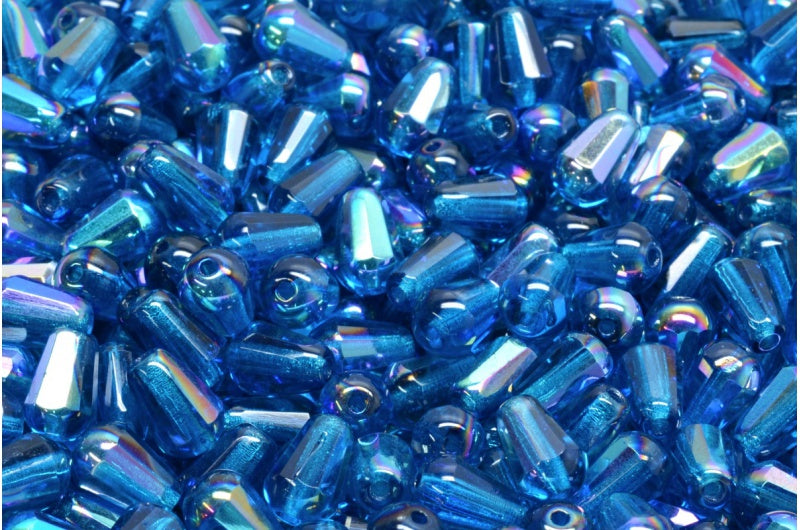Fire Polish Faceted Teardrop Beads, Transparent Aqua Ab (60080-28701), Glass, Czech Republic