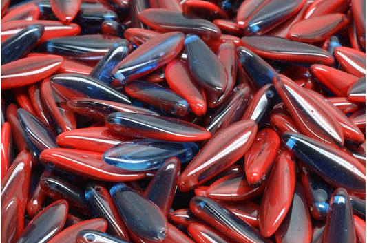Dagger Beads, Opaque Red Transparent Blue (93200-30090), Glass, Czech Republic