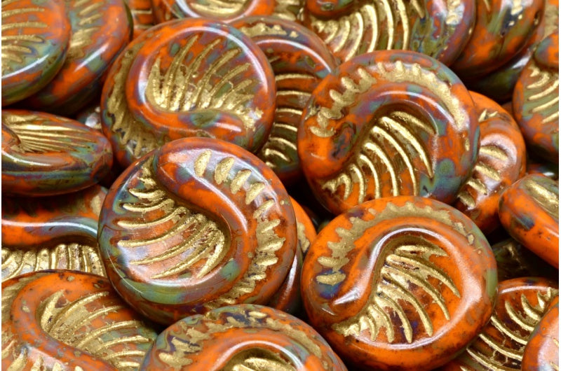 Fossil Coin Beads, Opaque Yellow Travertin Gold Lined (93110-86800-54302), Glass, Czech Republic